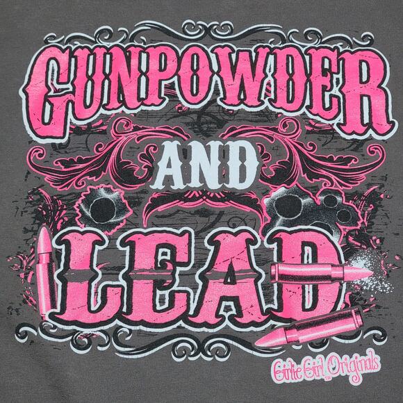 Girlie Girl Originals Dark Grey Tee (Gildan) "Gunpowder And Lead" - Size Large - Picture 1 of 6